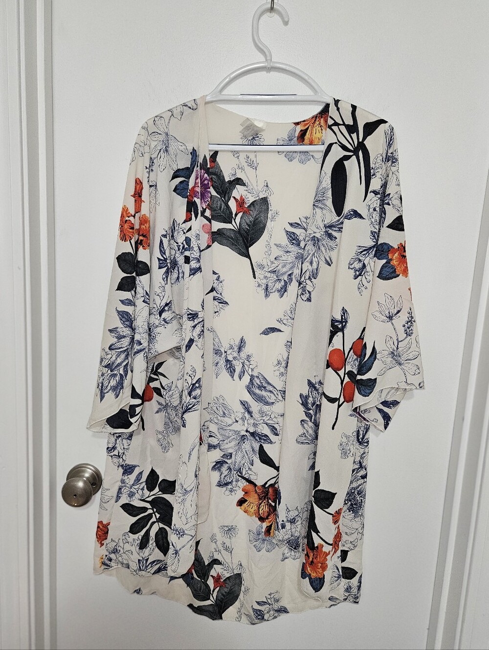 Lovely‎ J Floral Open-Front Kimono Cardigan in Cream Navy & Orange Size Large